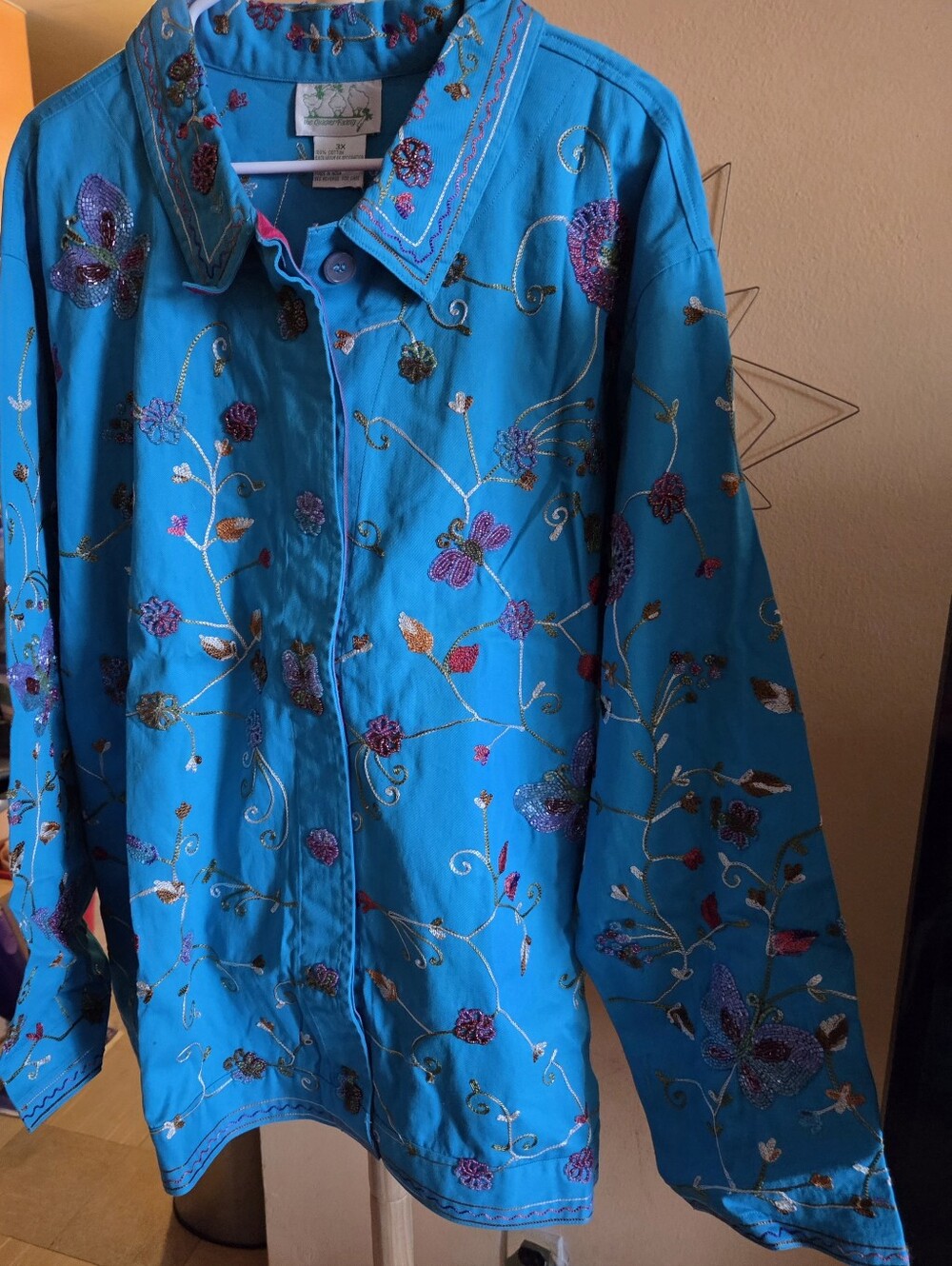 Teal Embroidered Cotton Jacket with Floral Hand Beaded Motif - Picture 4 of 4